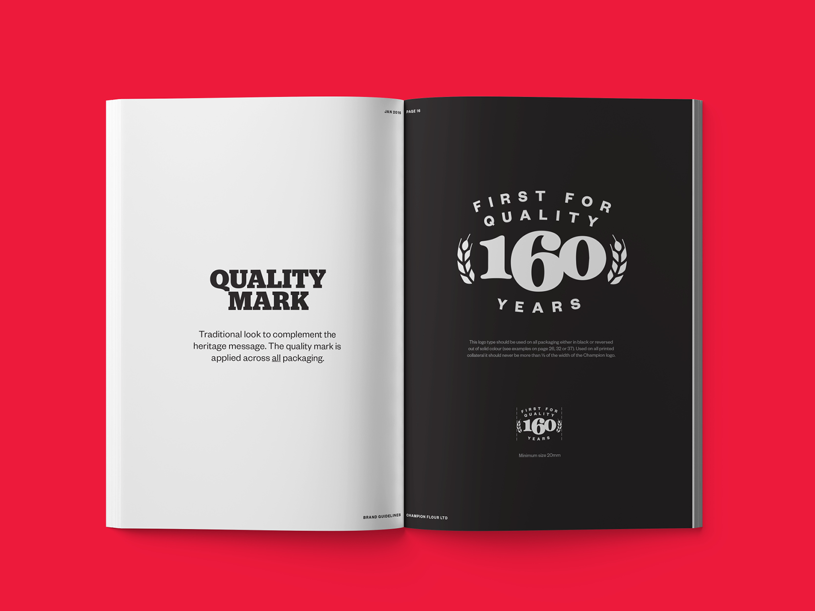 Open pages of brand guidelines showing a quality mark